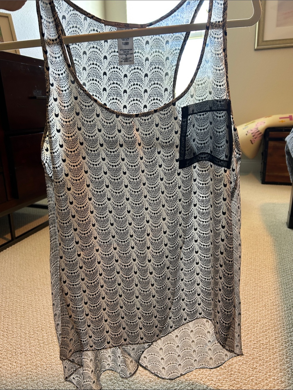 Language Black and White Sheer Patterned Tank with Contrast Pocket